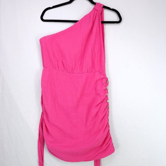 Free People Mini Dress Size Small One Shoulder Side Button Up Ruched Bodycon - Picture 1 of 15